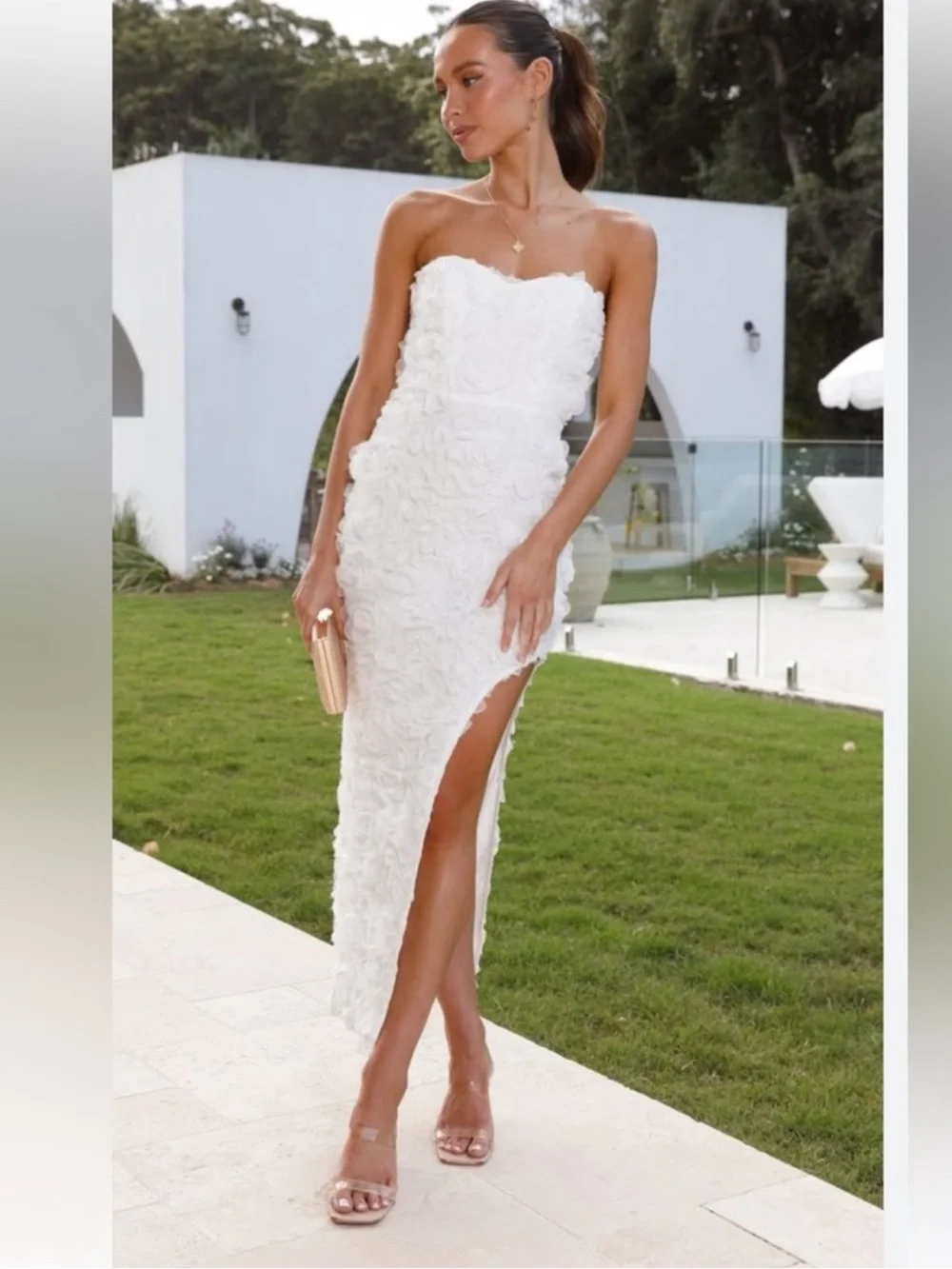 NWT Billy J Strapless White Floral Appliqué Midi Dress with Side Slit - US XS - Picture 1 of 11
